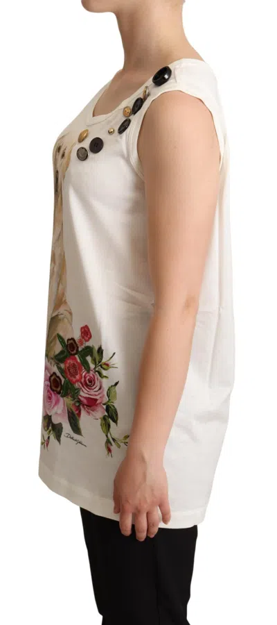Dolce & Gabbana White Dog Floral Print Embellished  T-shirt In White