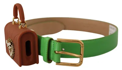 Dolce & Gabbana Green Leather Devotion Heart Micro Bag Headphones Belt In Green