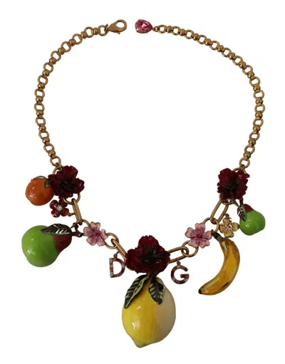Dolce & Gabbana Gold Brass Sicily Fruits Roses Statement Necklace In Multi