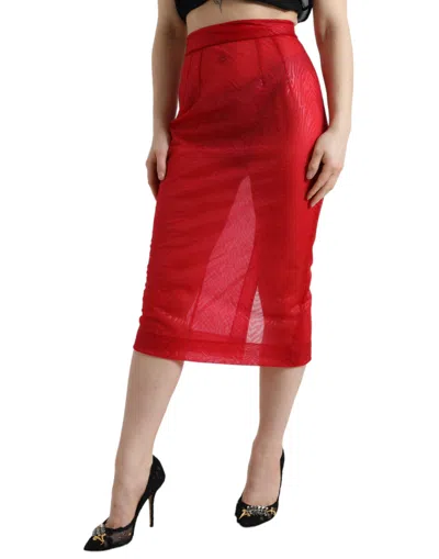 Dolce & Gabbana Red Sheer High Waist Pencil Cut Midi Skirt In Red