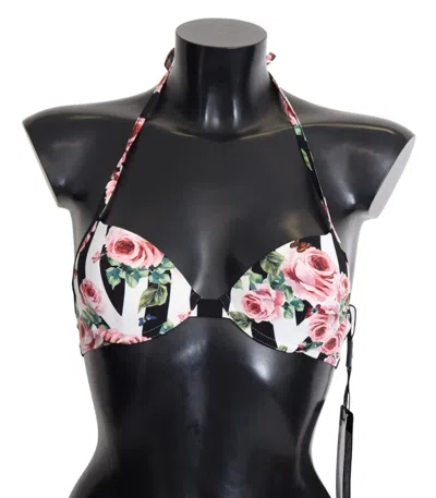 Dolce & Gabbana Multicolor Striped Rose Print Swimwear Bikini Tops In Multi