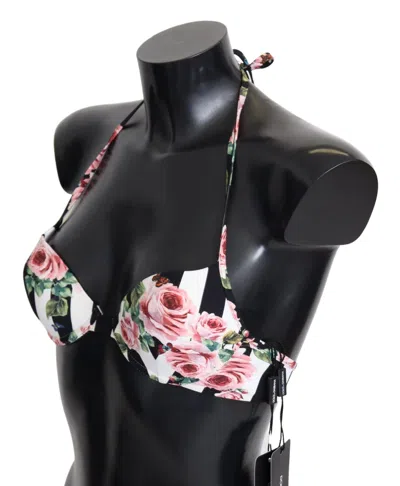 Dolce & Gabbana Multicolor Striped Rose Print Swimwear Bikini Tops In Multi