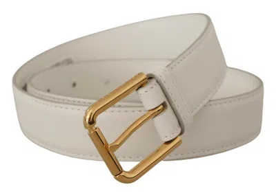 Dolce & Gabbana White Calf Leather Gold Tone Logo Metal Buckle Belt In Neutral