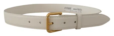 Dolce & Gabbana White Calf Leather Gold Tone Logo Metal Buckle Belt In Neutral