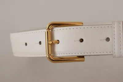 Dolce & Gabbana White Calf Leather Gold Tone Logo Metal Buckle Belt In Neutral