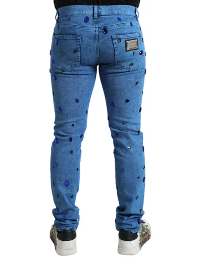 Dolce & Gabbana Blue Crystal Embellished Skinny Denim Jeans In Blue