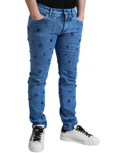 Dolce & Gabbana Blue Crystal Embellished Skinny Denim Jeans In Blue