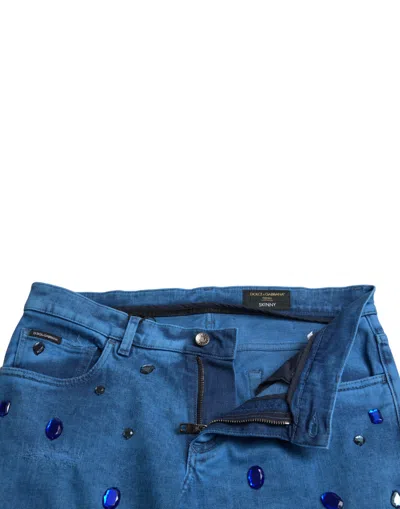 Dolce & Gabbana Blue Crystal Embellished Skinny Denim Jeans In Blue