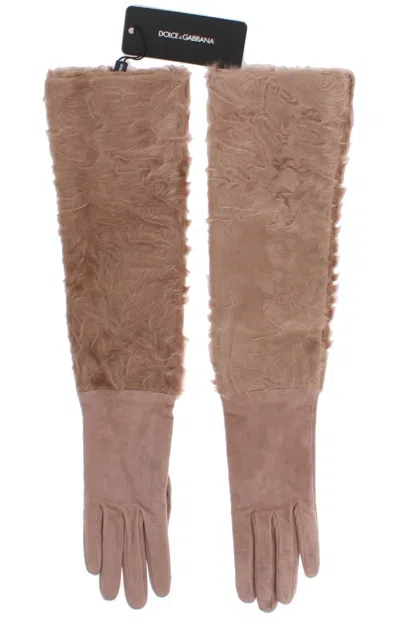 Dolce & Gabbana Beige Suede Xiangao Fur Elbow Gloves In Neutral