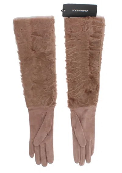 Dolce & Gabbana Beige Suede Xiangao Fur Elbow Gloves In Neutral