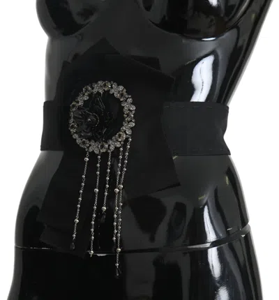 Dolce & Gabbana Black Crystal Brooch Wide Wai Satoria Belt In Black