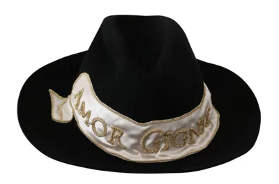Dolce & Gabbana Black Lapin Amor Gignit Wide Brim Panama Hat In Black