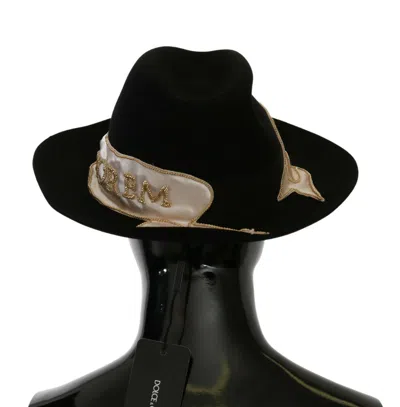 Dolce & Gabbana Black Lapin Amor Gignit Wide Brim Panama Hat In Black