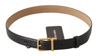 Dolce & Gabbana Black Calf Leather Gold Metal Logo Waist Buckle Belt In Black