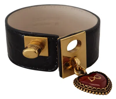 Dolce & Gabbana Black Dauphine Leather Dg Heart Key Ring Bracelet In Black