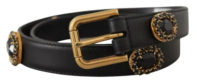 Dolce & Gabbana Black Leather Embellished Crystal Logo Belt In Black