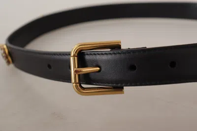 Dolce & Gabbana Black Leather Embellished Crystal Logo Belt In Black