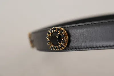 Dolce & Gabbana Black Leather Embellished Crystal Logo Belt In Black