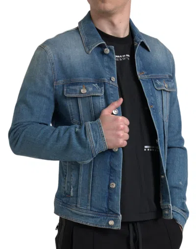 Dolce & Gabbana Washed Stretch Cotton Denim Jacket In Blue