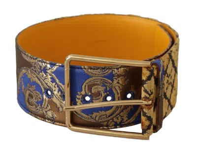 Dolce & Gabbana Blue Floral Patchwork Leather Wide Waist Buckle Belt In Blue