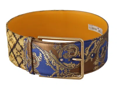 Dolce & Gabbana Blue Floral Patchwork Leather Wide Waist Buckle Belt In Blue
