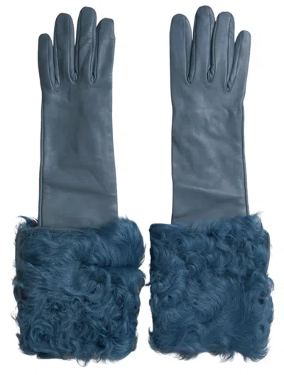 Dolce & Gabbana Blue Leather Fur Mid Arm Length Gloves In Blue