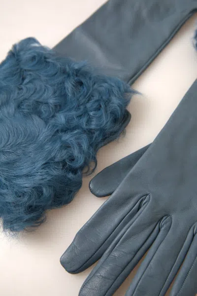 Dolce & Gabbana Blue Leather Fur Mid Arm Length Gloves In Blue
