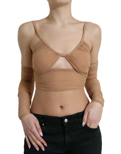 Dolce & Gabbana Brown Nylon Stretch Open Shoulder Cropped Top In Neutral