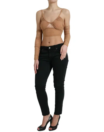 Dolce & Gabbana Brown Nylon Stretch Open Shoulder Cropped Top In Neutral