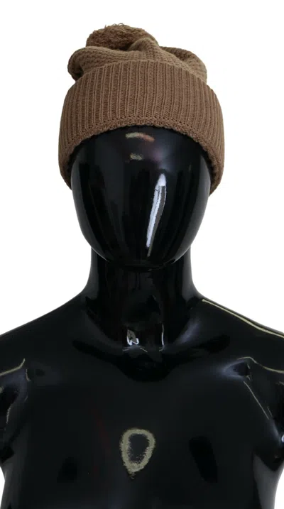 Dolce & Gabbana Brown Solid Knitted Fur Ball Winter Beanie Hat In Brown