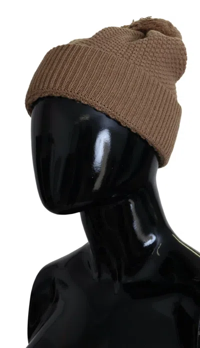 Dolce & Gabbana Brown Solid Knitted Fur Ball Winter Beanie Hat In Brown