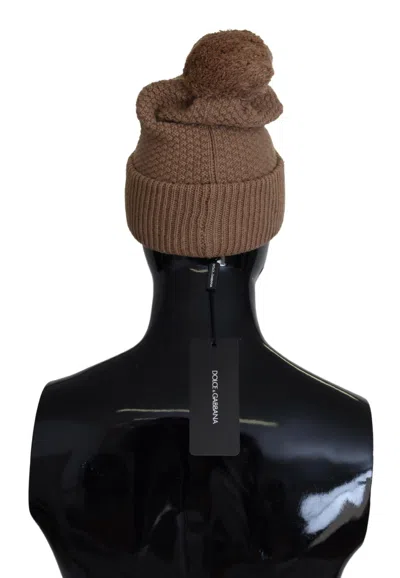 Dolce & Gabbana Brown Solid Knitted Fur Ball Winter Beanie Hat In Brown