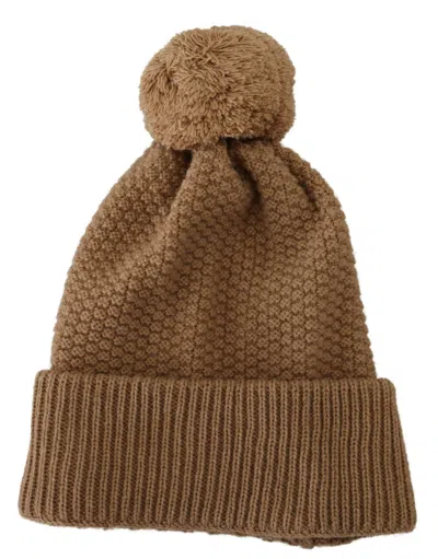Dolce & Gabbana Brown Solid Knitted Fur Ball Winter Beanie Hat In Brown