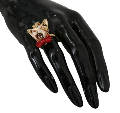 Dolce & Gabbana Gold Brass Resin Beige Dog Pet Branded Accessory Ring In Gold