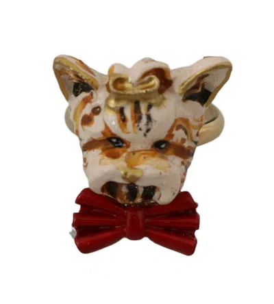 Dolce & Gabbana Gold Brass Resin Beige Dog Pet Branded Accessory Ring In Gold