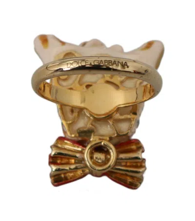 Dolce & Gabbana Gold Brass Resin Beige Dog Pet Branded Accessory Ring In Gold