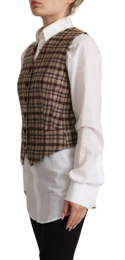 Dolce & Gabbana Brown Checkered Leopard V-neck Sleeveless Vest Top In Brown