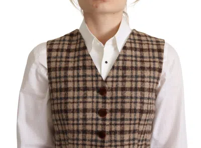 Dolce & Gabbana Brown Checkered Leopard V-neck Sleeveless Vest Top In Brown