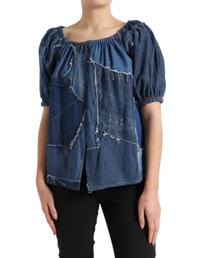 Dolce & Gabbana Blue Patchwork Short Sleeves Denim Blouse Top In Blue