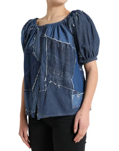 Dolce & Gabbana Blue Patchwork Short Sleeves Denim Blouse Top In Blue