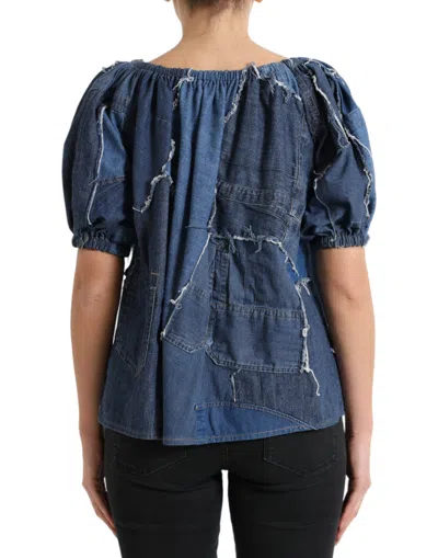 Dolce & Gabbana Blue Patchwork Short Sleeves Denim Blouse Top In Blue