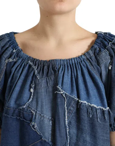 Dolce & Gabbana Blue Patchwork Short Sleeves Denim Blouse Top In Blue
