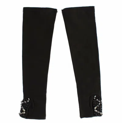 Dolce & Gabbana Black Leather Crystal Beaded Finger Free Gloves In Black