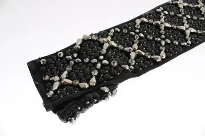 Dolce & Gabbana Black Leather Crystal Beaded Finger Free Gloves In Black