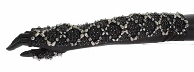 Dolce & Gabbana Black Leather Crystal Beaded Finger Free Gloves In Black