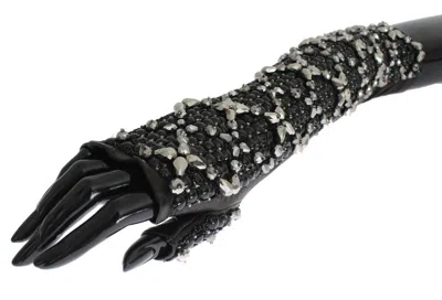 Dolce & Gabbana Black Leather Crystal Beaded Finger Free Gloves In Black