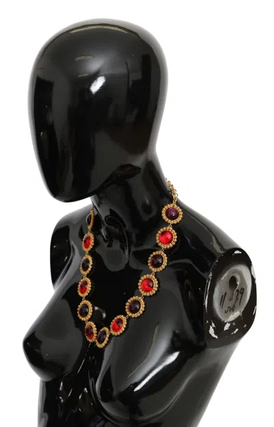 Dolce & Gabbana Red Purple Crystal Floral Chain Statement Gold Brass Necklace In Gold
