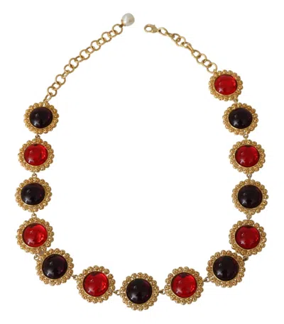 Dolce & Gabbana Red Purple Crystal Floral Chain Statement Gold Brass Necklace In Gold