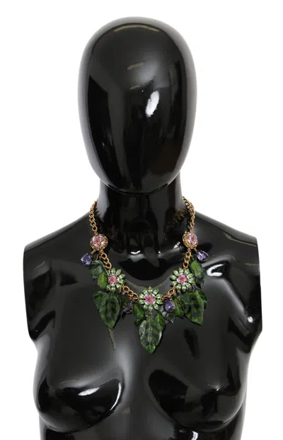 Dolce & Gabbana Green Leaves Gold Brass Crystal Flower Pendant Necklace In Gold
