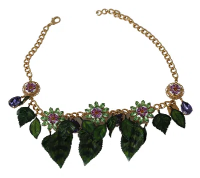 Dolce & Gabbana Green Leaves Gold Brass Crystal Flower Pendant Necklace In Gold